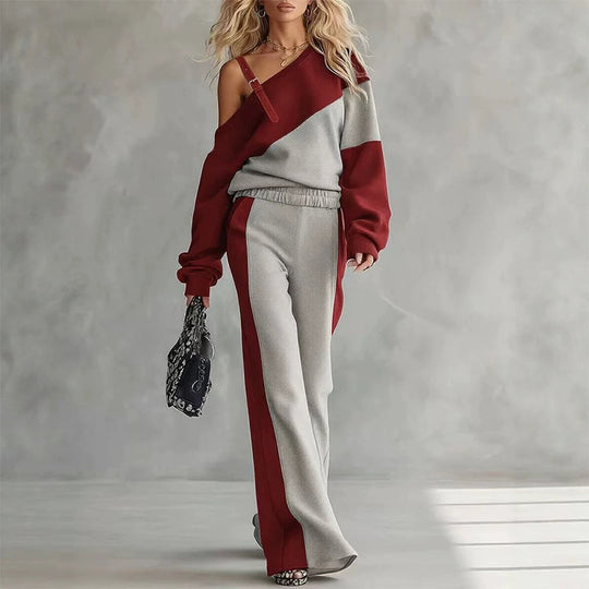 🎨 Elegant Shoulder Line, Easy Coordinated Comfort | Women's Casual Color Block Off-Shoulder 2-Piece Set