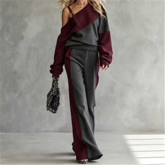 🎨 Elegant Shoulder Line, Easy Coordinated Comfort | Women's Casual Color Block Off-Shoulder 2-Piece Set