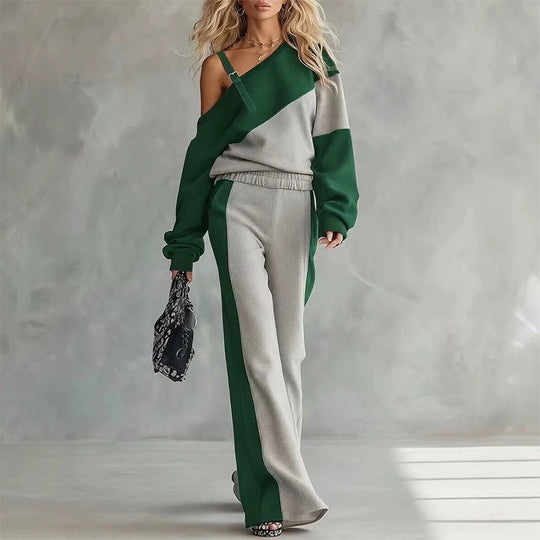 🎨 Elegant Shoulder Line, Easy Coordinated Comfort | Women's Casual Color Block Off-Shoulder 2-Piece Set