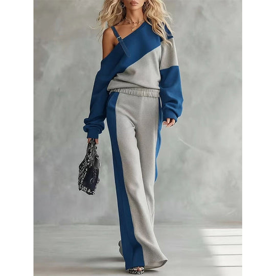 🎨 Elegant Shoulder Line, Easy Coordinated Comfort | Women's Casual Color Block Off-Shoulder 2-Piece Set