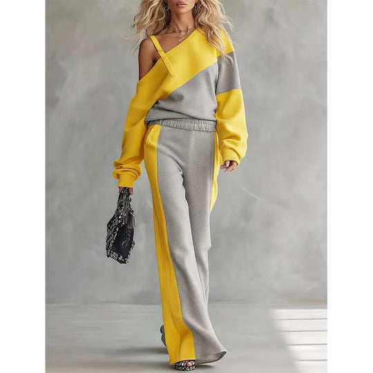 🎨 Elegant Shoulder Line, Easy Coordinated Comfort | Women's Casual Color Block Off-Shoulder 2-Piece Set