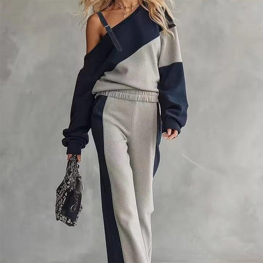 🎨 Elegant Shoulder Line, Easy Coordinated Comfort | Women's Casual Color Block Off-Shoulder 2-Piece Set