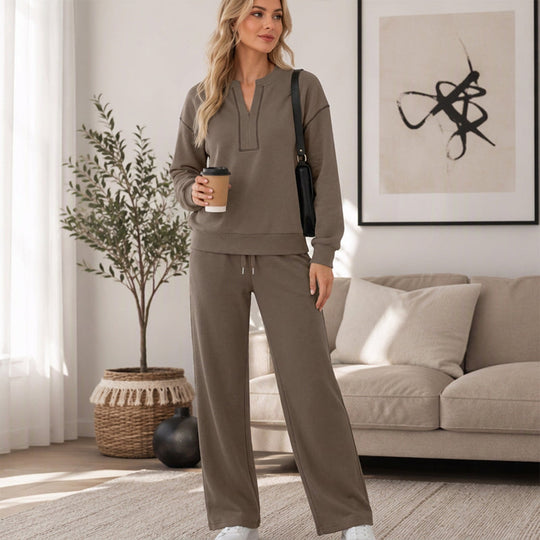 🔥Black Friday Sale -Up to 50% OFF!🍂Women's Long Sleeve Half-Zip Top & Wide-Leg Pants Set