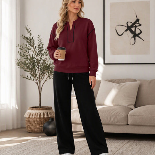 🔥Black Friday Sale -Up to 50% OFF!🍂Women's Long Sleeve Half-Zip Top & Wide-Leg Pants Set