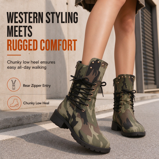 Womens Retro Western Cowboy Tall Boots Plus Size Camouflage Riveted High Boots