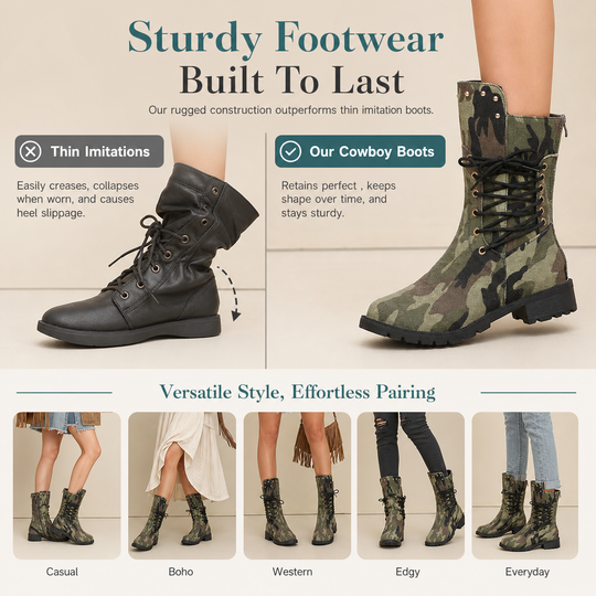 Womens Retro Western Cowboy Tall Boots Plus Size Camouflage Riveted High Boots