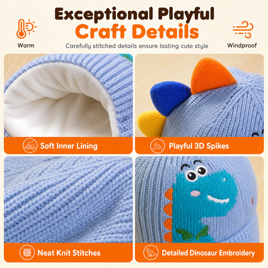 Cute Toddler Kids Dinosaur Knit Beanie Hat Winter Thick Warm Windproof Earflap Cap for Boys and Girls