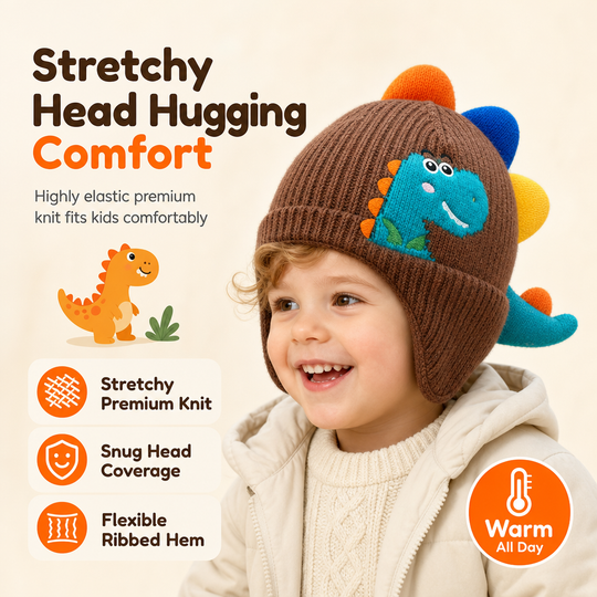 Cute Toddler Kids Dinosaur Knit Beanie Hat Winter Thick Warm Windproof Earflap Cap for Boys and Girls
