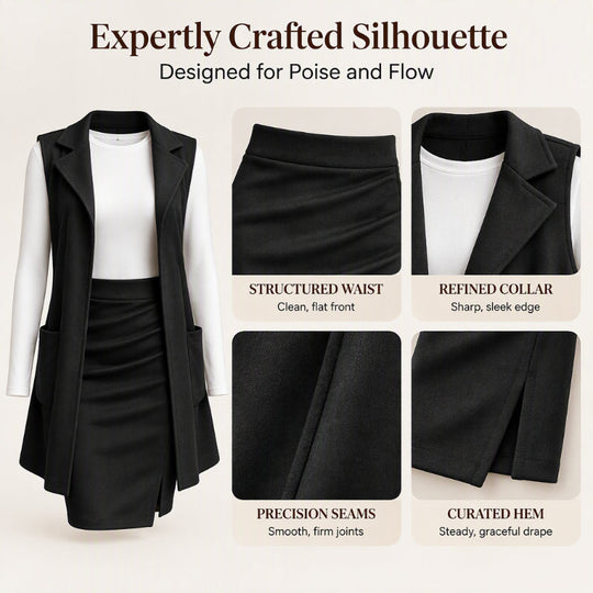 🧥 Polished Layered Look, Leg-Elongating Proportion | Women's Lapel Open Front Long Vest and Mini Skirt Set