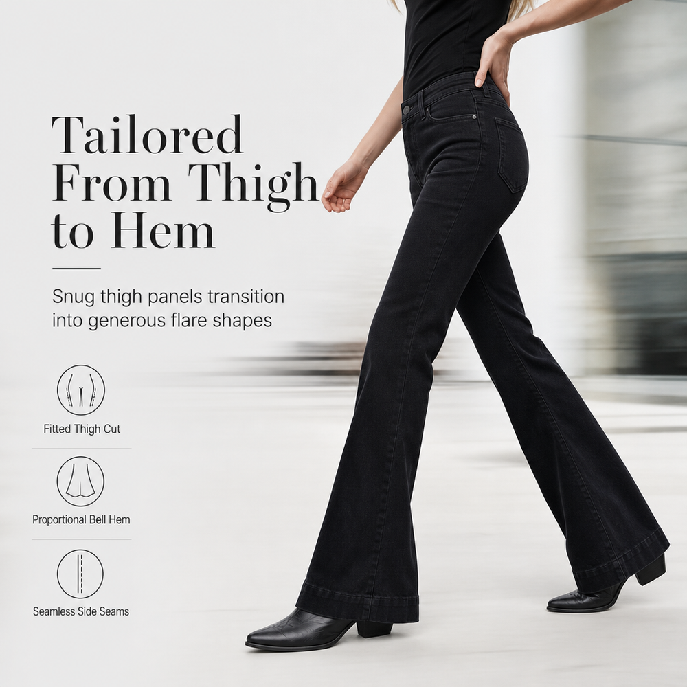 Women's High-Waisted Flare Denim Jeans Classic Black Slim Fit Five-Pocket Pants