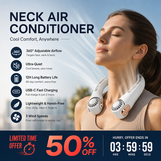 Neck Air Conditioner Fan – Ultra‑quiet, 360° rotating, 3 speeds. Hands‑free cooling, long battery. Summer essential!